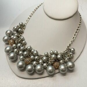 Ann Taylor Loft Gray Faux Pearl Rhinestone Bead Cha Cha Dangle Bib Necklace